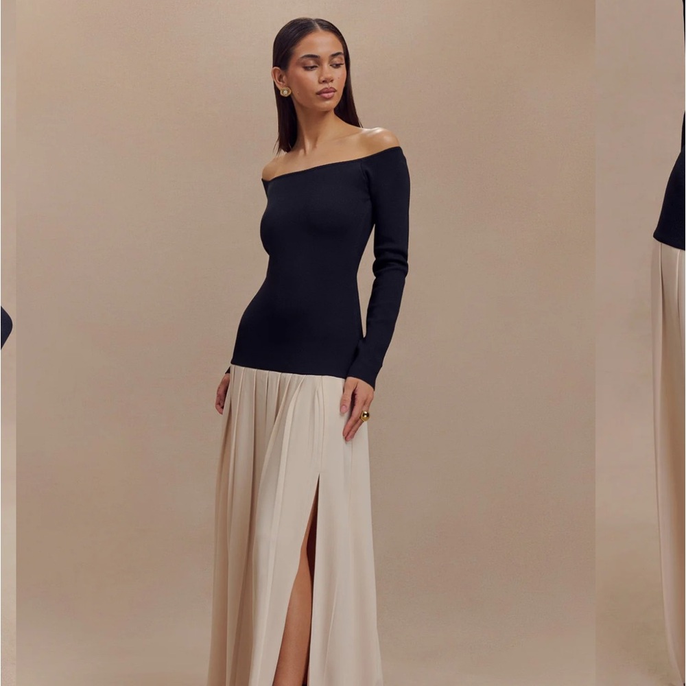 MESHKI 
Presley dress
Contrast Knit Off Shoulder Maxi Dress - Navy And Cream